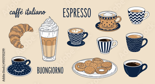 Italian coffee drinks and pastries a colorful hand drawn illustration