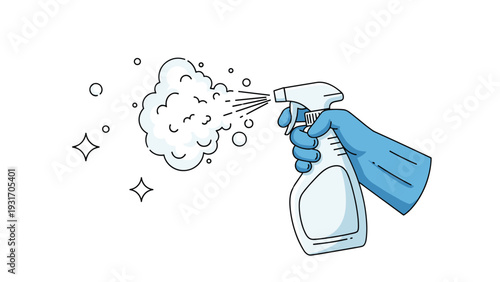 Illustration of a hand in a blue glove holding a spray bottle and applying cleaning foam, representing hygiene and household sanitizing tasks.