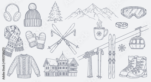 Winter themed sketches depicting clothing equipment and mountainous landscape high quality