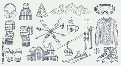 Winter themed sketches clothing mountains cozy cabin and ski equipment