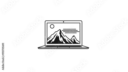 Laptop displaying mountain landscape with sun and text
