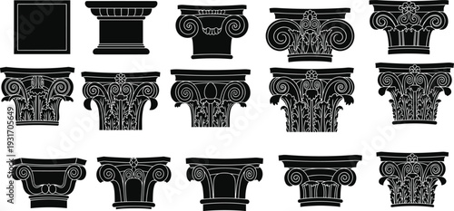 Classical column capital silhouettes collection, ancient architectural design icons, Greek and Roman orders, ornate building elements, vector illustration pack