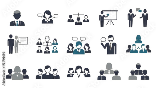 A collection of minimalist icons representing various business professionals engaging in communication and presentation activities