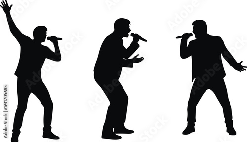Black silhouette collection of male singers performing with microphones, man singing and dancing on stage, music concert performance vector icons.
