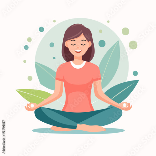 Woman meditating peacefully in lotus position surrounded by soft leaves and circles