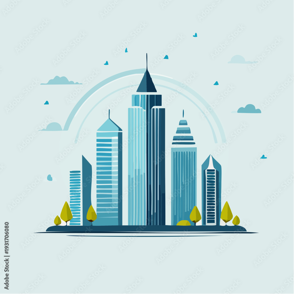 Obraz premium Modern Cityscape Illustration Featuring Tall Buildings and Minimalist Design Elements