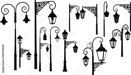 Vintage street lamp silhouettes collection, ornate urban lighting icons, decorative lantern designs, classic architectural elements, vector illustration pack