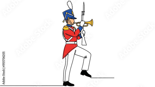 Man in red uniform playing trumpet, standing on one leg, performing in parade