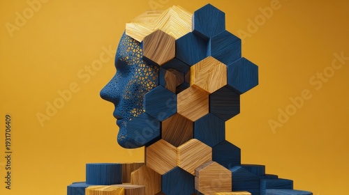 A 3D illustration of a human head made of wooden blocks