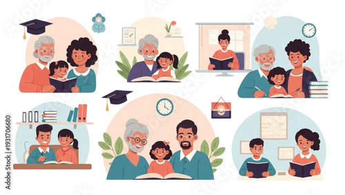 Family moments with elder generations reading and learning together at home