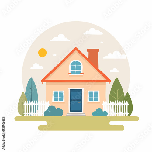 Charming flat design house with green lawn, white fence, and sunny sky, ideal for real estate