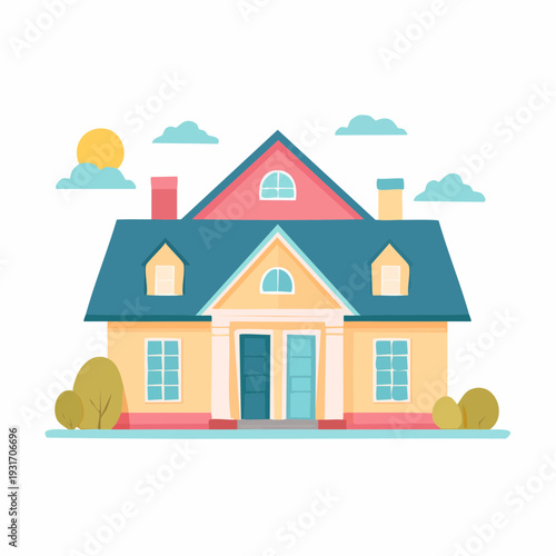 Charming Flat Design Illustration of a Cozy Residential House with a Sunlit Garden