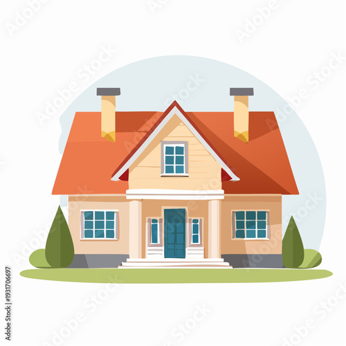 Charming suburban home with red roof and manicured lawn, perfect for family living