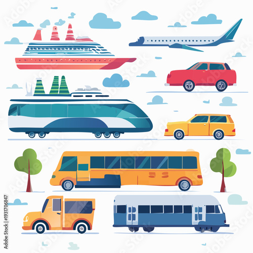 Diverse collection of transportation vehicles and modes of travel