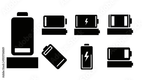 Battery Icons Set: Energy Level Indicators, Charging, Power Status Symbols