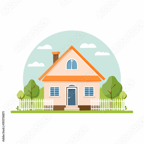 Charming Suburban Home Illustration with Lush Greenery and White Picket Fence, Ideal for Real Estate and Family Living Concepts