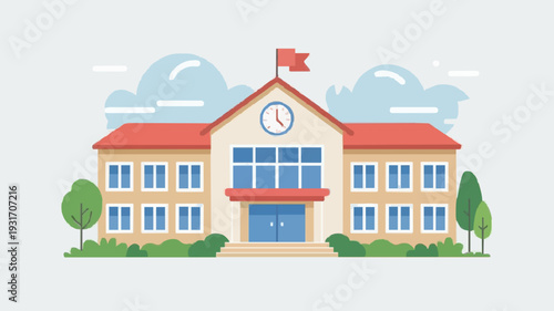 School Building with Clock and Flag Flat Icon for Education Apps and Websites