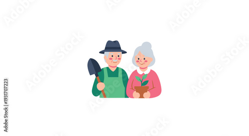 Happy Elderly Couple Gardening with Shovel and Potted Plant on Isolated White Background