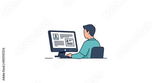 Man working on computer with newspaper on screen.