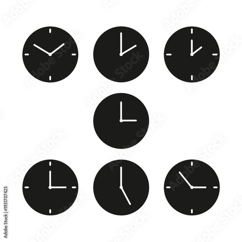 Collection of Black Clock Icons Showing Different Times on White Background