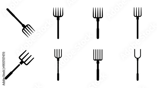 Collection of Black Garden Forks and Pitchforks on White Background