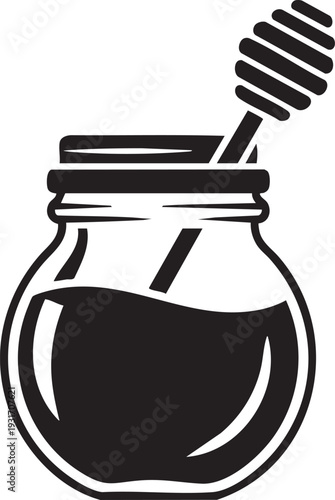 A black and white illustration of a honey jar with a dipper