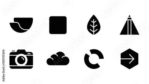 Collection of Diverse Flat Icons: Camera, Cloud, Leaf, Arrow, and Geometric Shapes