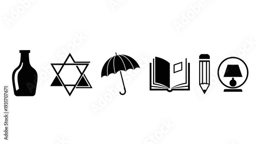 Collection of diverse icons: bottle, Star of David, umbrella, open book, pencil, lamp