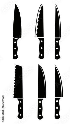 Collection of Six Black Kitchen Knives Silhouettes Isolated on White Background