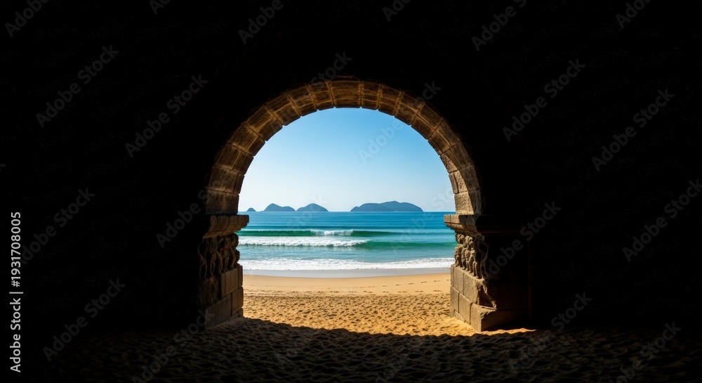 Fototapeta premium Archway framing a serene beach with mountains in the distance.