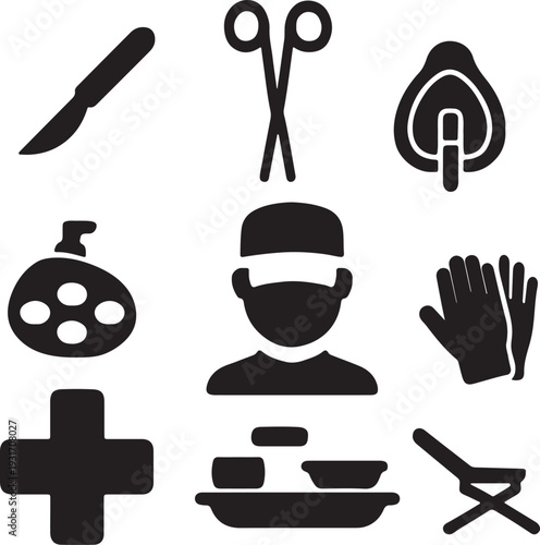 A collection of black silhouette icons representing surgical tools a doctor and medical equipment high quality professional detailed modern