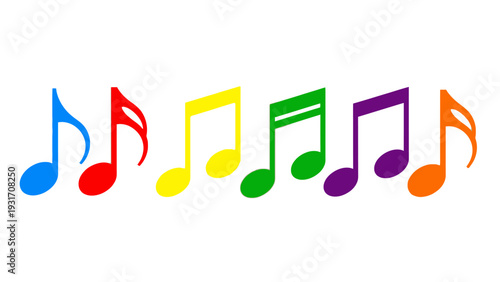Colorful musical notes in rainbow colors on a white background, symbolizing music and creativity