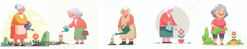 vector of a grandma watering a flower in spring