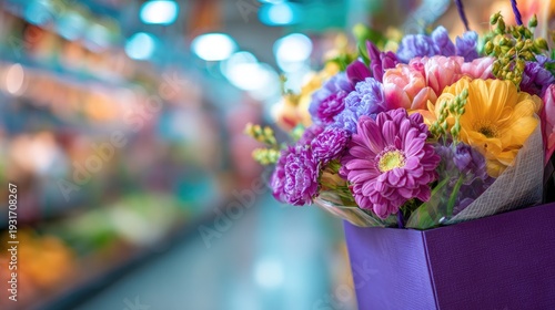 A vibrant bouquet of flowers in a purple shopping bag
