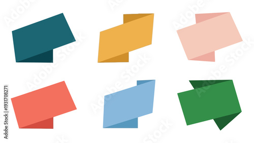 Colorful Origami Banners, Paper Folds, Geometric Shapes, Isolated on White Background
