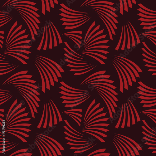 Seamless pattern of red fan shapes on dark background, bold geometric design with dynamic curves