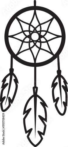 Dreamcatcher with feathers hanging from a circular web-like structure, illustration of mystical object