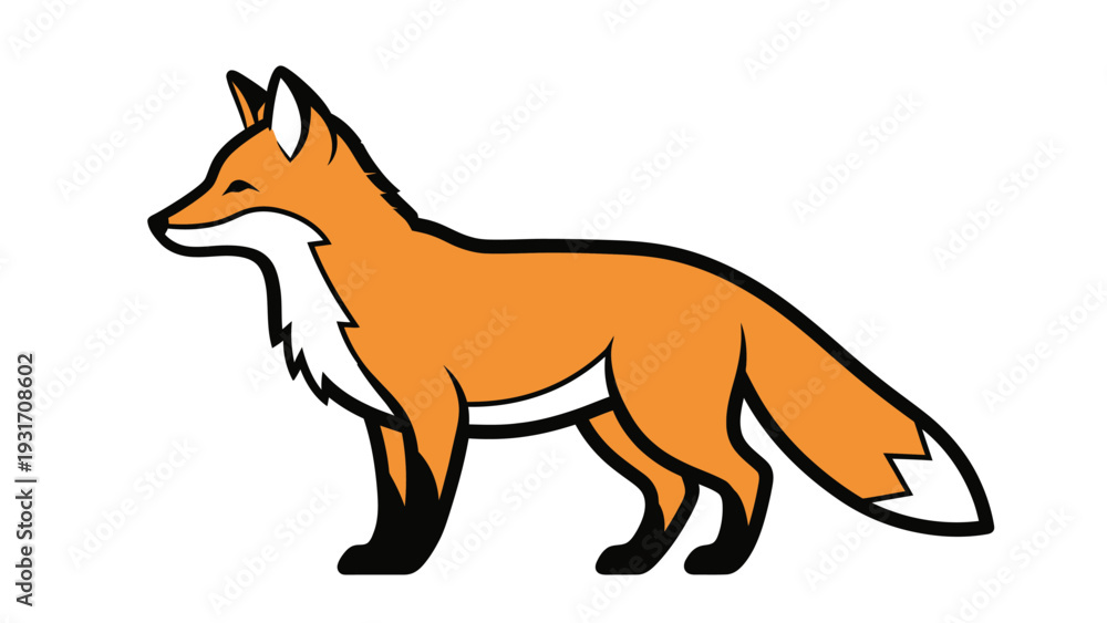 Fototapeta premium Cute Cartoon Fox Standing Sideways, Orange and White Fur, Black Accents