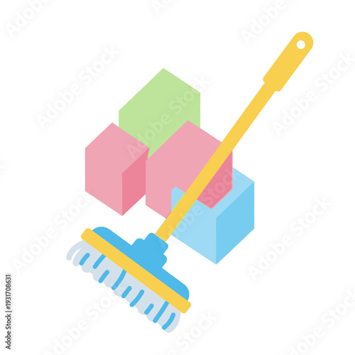 Cute Cartoon Mop Cleaning Colorful Blocks, Kids Playroom Cleaning Concept
