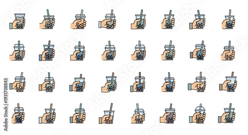 Detailed Collection of Hands Holding Various Bubble Tea Cups with Diverse Toppings and Designs on Isolated White Background