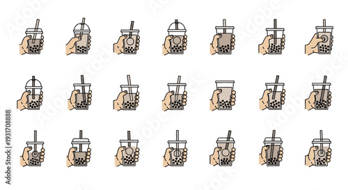 Collection of Hands Holding Bubble Tea Cups with Different Designs on Isolated White Background