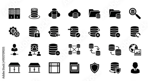 Collection of database icons representing various data management concepts and tasks from a straightforward perspective