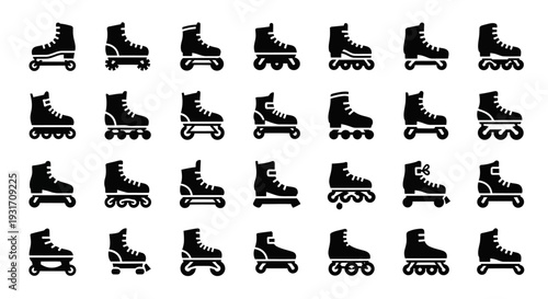 Collection of roller skate icons in various poses and angles on a clean background