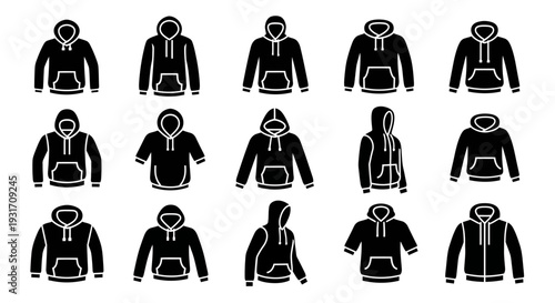 Collection of black hooded sweatshirts and jackets in various poses and styles displayed from different viewpoints