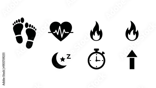 Fitness and Health Icons: Steps, Heartbeat, Calories, Sleep, Stopwatch, Progress