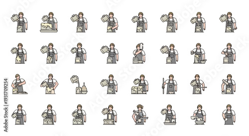 Collection of Diverse Chefs and Bakers in Aprons Performing Culinary Actions, Cartoon Style on Isolated White Background