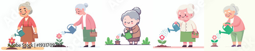 vector of a grandma watering a flower in spring