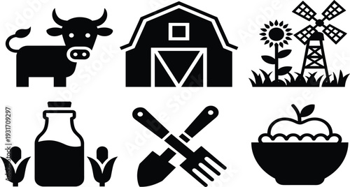 Farm agriculture icon collection with cow barn windmill milk tools apple harvest silhouette vector illustration isolated on white background