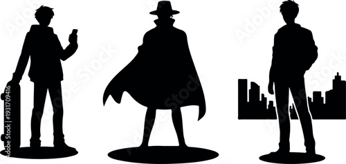 Urban superhero silhouette character with cape and skateboard in dramatic city architecture fantasy illustration