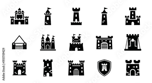 Collection of black silhouettes of various medieval castles and fortresses displayed in a grid layout